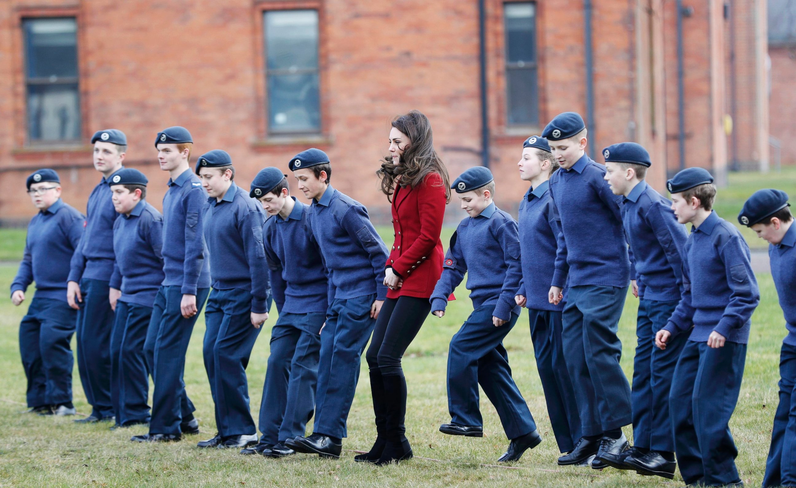 PHOTO: Britain's Catherine, the Duchess of Cambridge, takes part in a team building excercise with cadets during a visit to RAF Wittering, Feb. 14, 2017. 