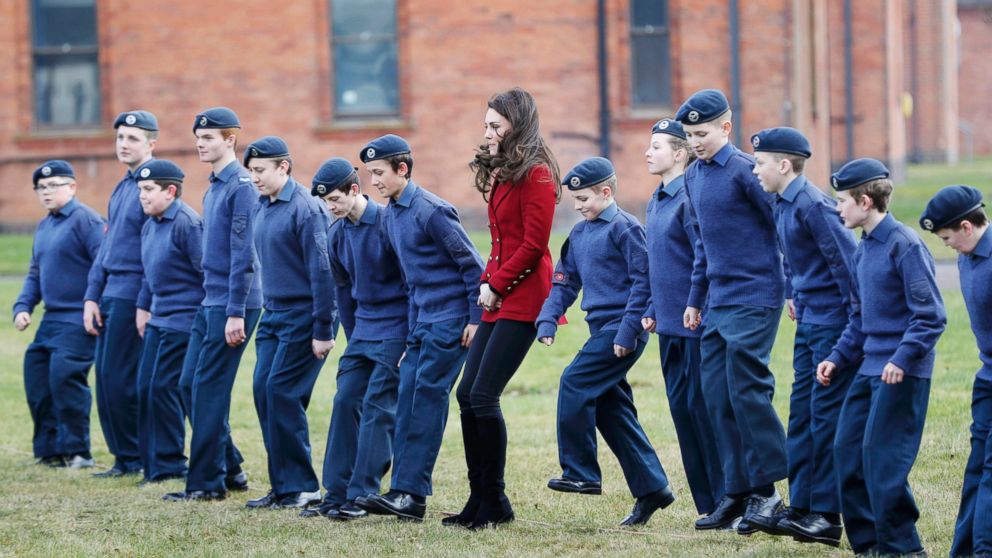 PHOTO: Britain's Catherine, the Duchess of Cambridge, takes part in a team building excercise with cadets during a visit to RAF Wittering, Feb. 14, 2017. 