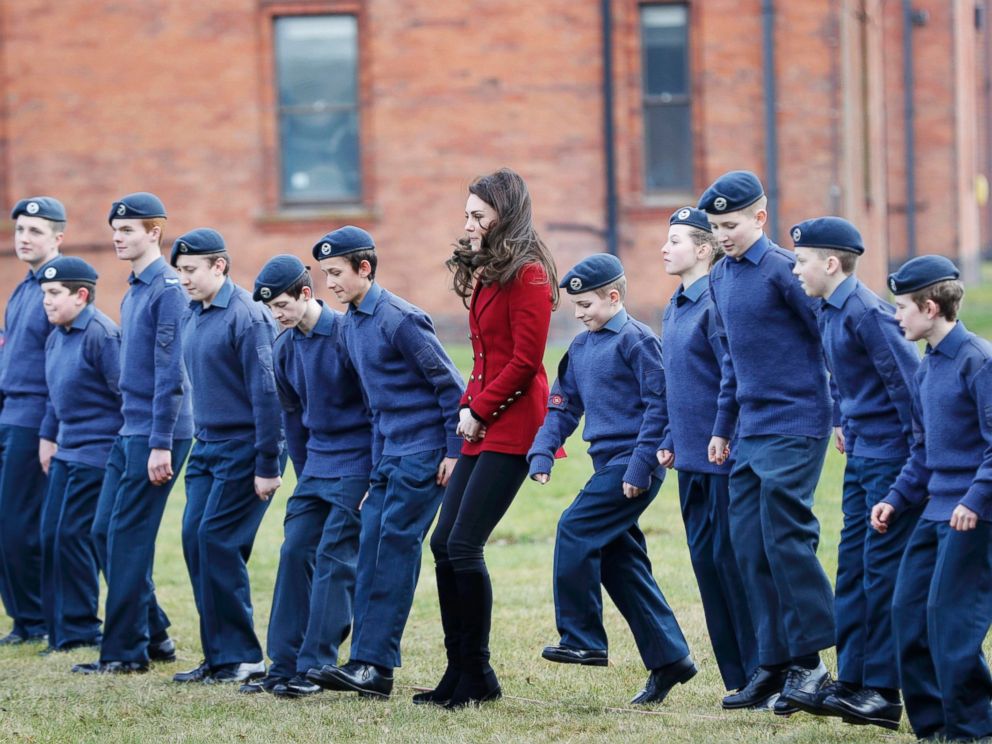 PHOTO: Britains Catherine, the Duchess of Cambridge, takes part in a team building excercise with cadets during a visit to RAF Wittering, Feb. 14, 2017.