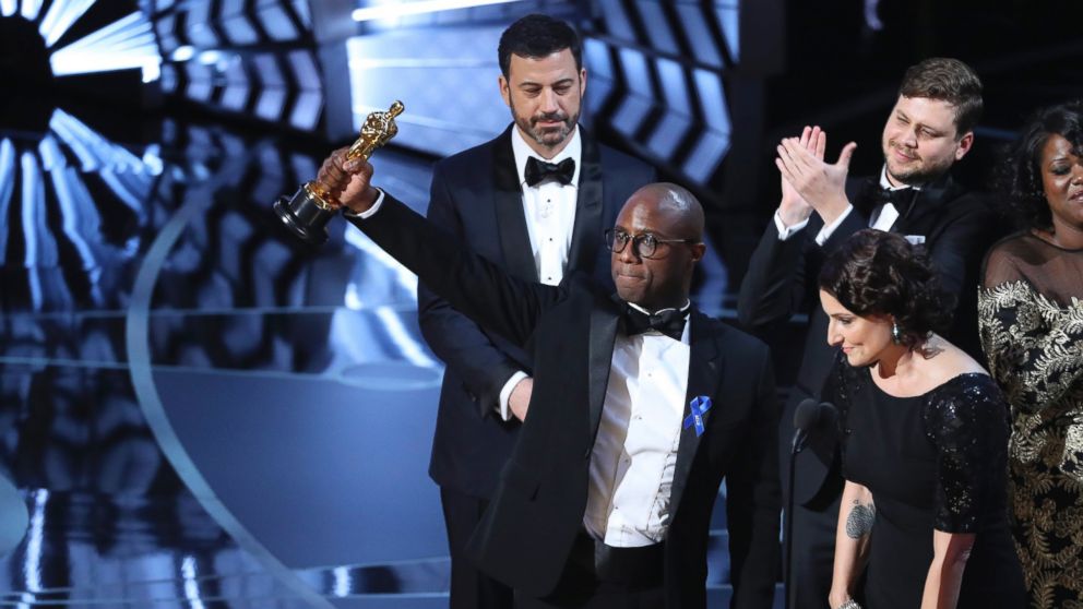 PHOTO: Writer and Director Barry Jenkins of "Moonlight" holds up the Best Picture Oscar.