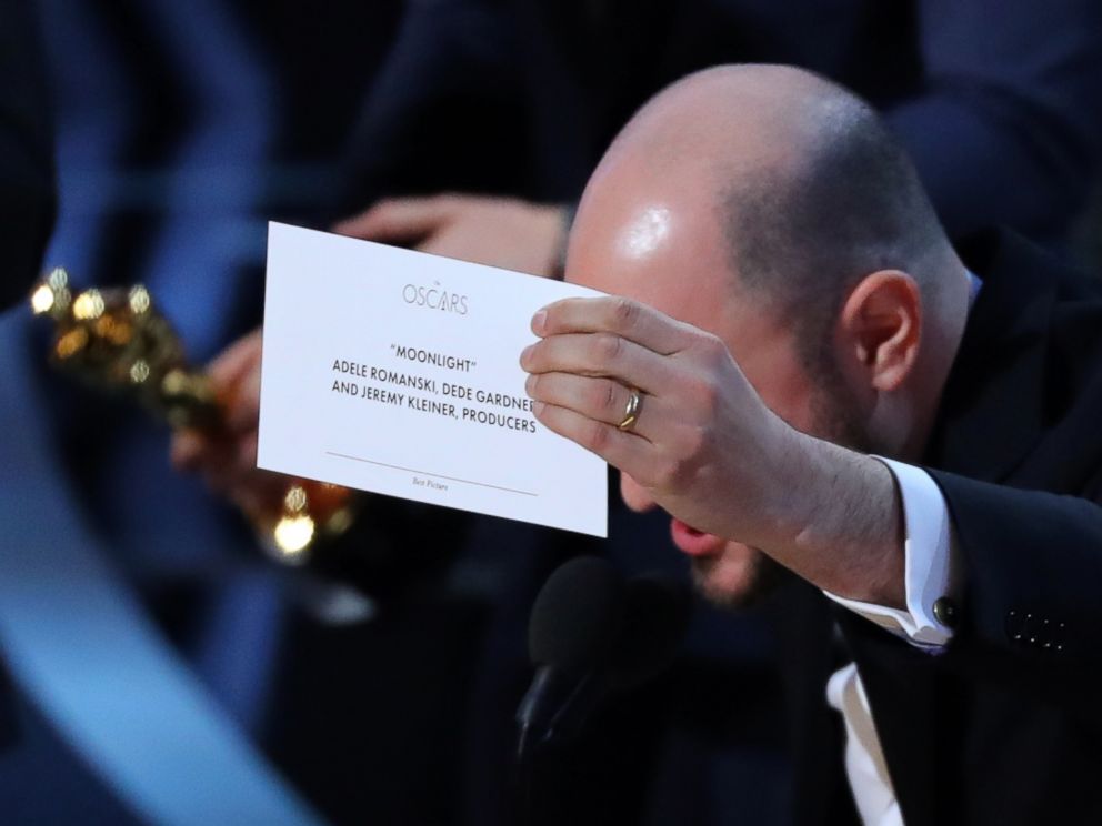 PHOTO: Producer Jordan Horowitz holds up the card for the Best Picture winner, Moonlight.
