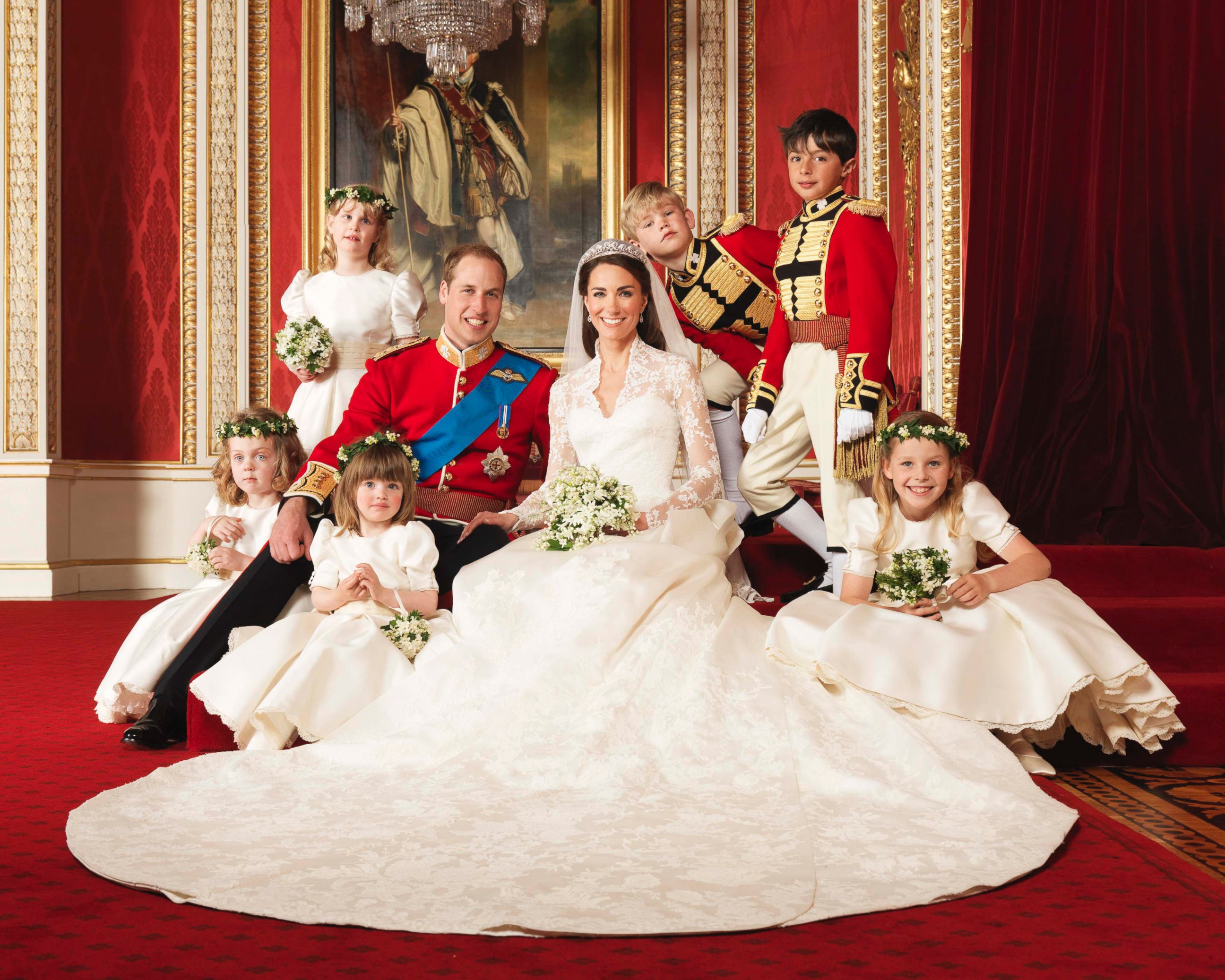 PHOTO: Britain's Prince William and his bride Catherine, Duchess of Cambridge, pose for an official photograph, with their bridesmaids and pageboys, on the day of their wedding, in the throne room at Buckingham Palace, in central London, April 29, 2011.