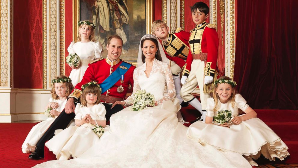 PHOTO: Britain's Prince William and his bride Catherine, Duchess of Cambridge, pose for an official photograph, with their bridesmaids and pageboys, on the day of their wedding, in the throne room at Buckingham Palace, in central London, April 29, 2011.