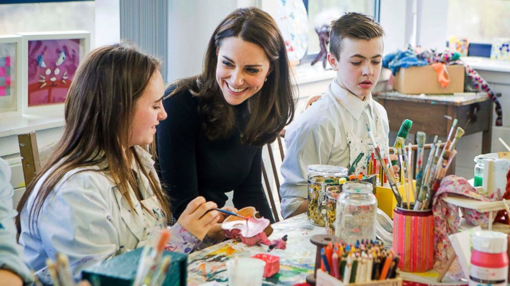 Kate Middleton, Duchess of Cambridge, joins an art class during her visit to Wester Hailes Education Centre in Edinburgh, Scotland, Feb. 24, 2016. 