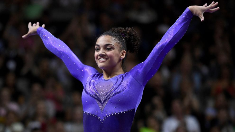 PHOTO: Laurie Hernandez reacts after completing her balance beam routine in the women's gymnastics U.S. Olympic team trials at SAP Center, July 8, 2016 in San Jose, California. 