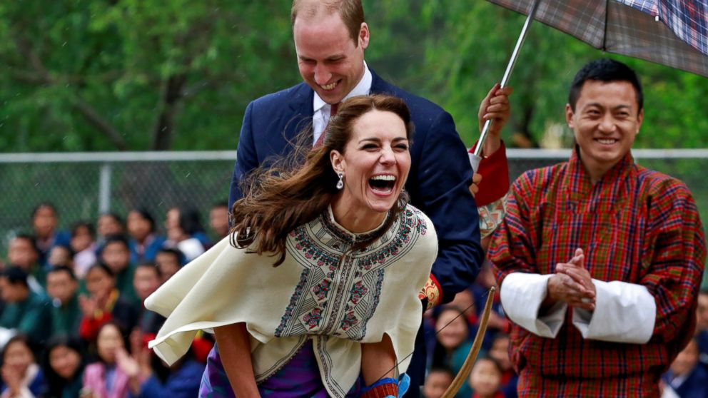 PHOTO:Catherine, Duchess of Cambridge reacts after shooting an arrow at Changlimithang Archery Ground in Thimphu, Bhutan, April 14, 2016.  