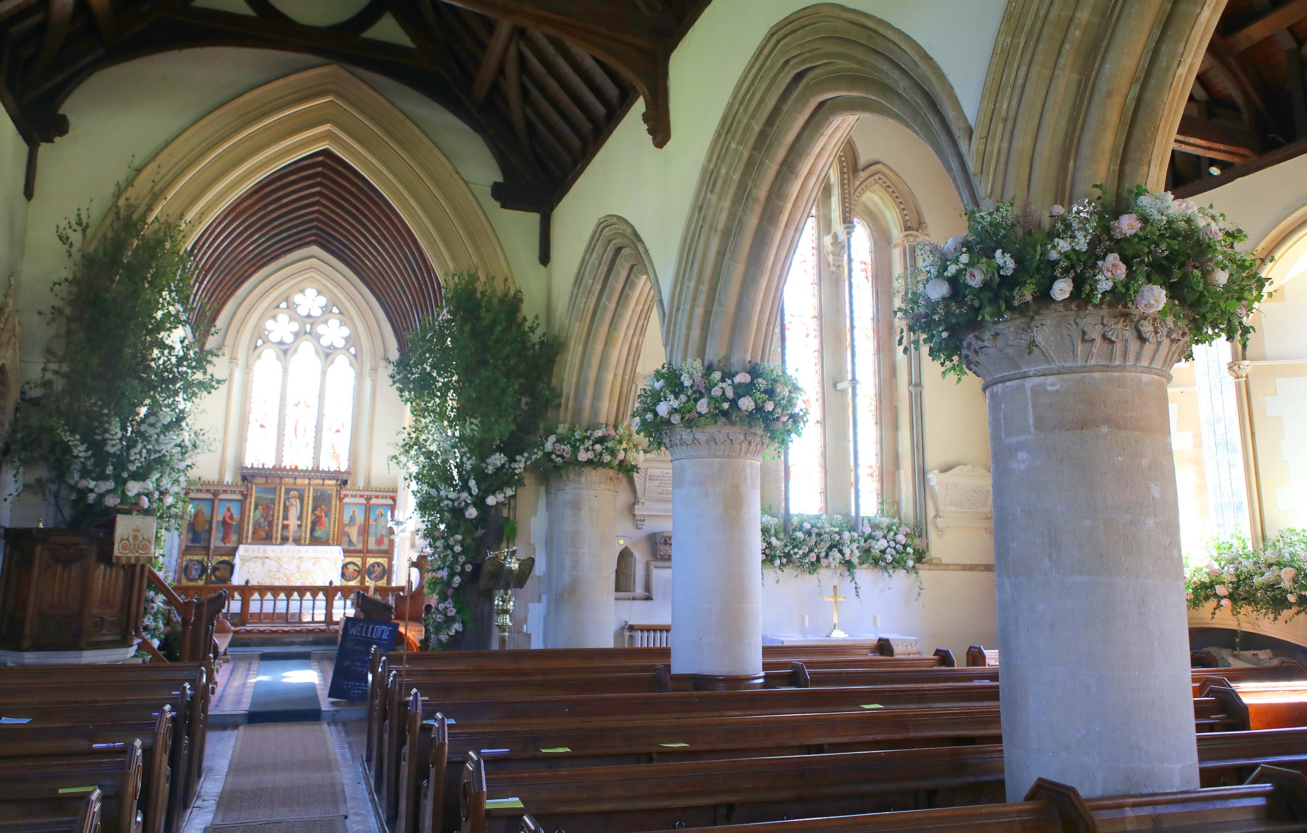 PHOTO: The flowers inside St. Marks church where Pippa Mathews had her wedding, on May 22, 2017, in Englefield, U.K. 