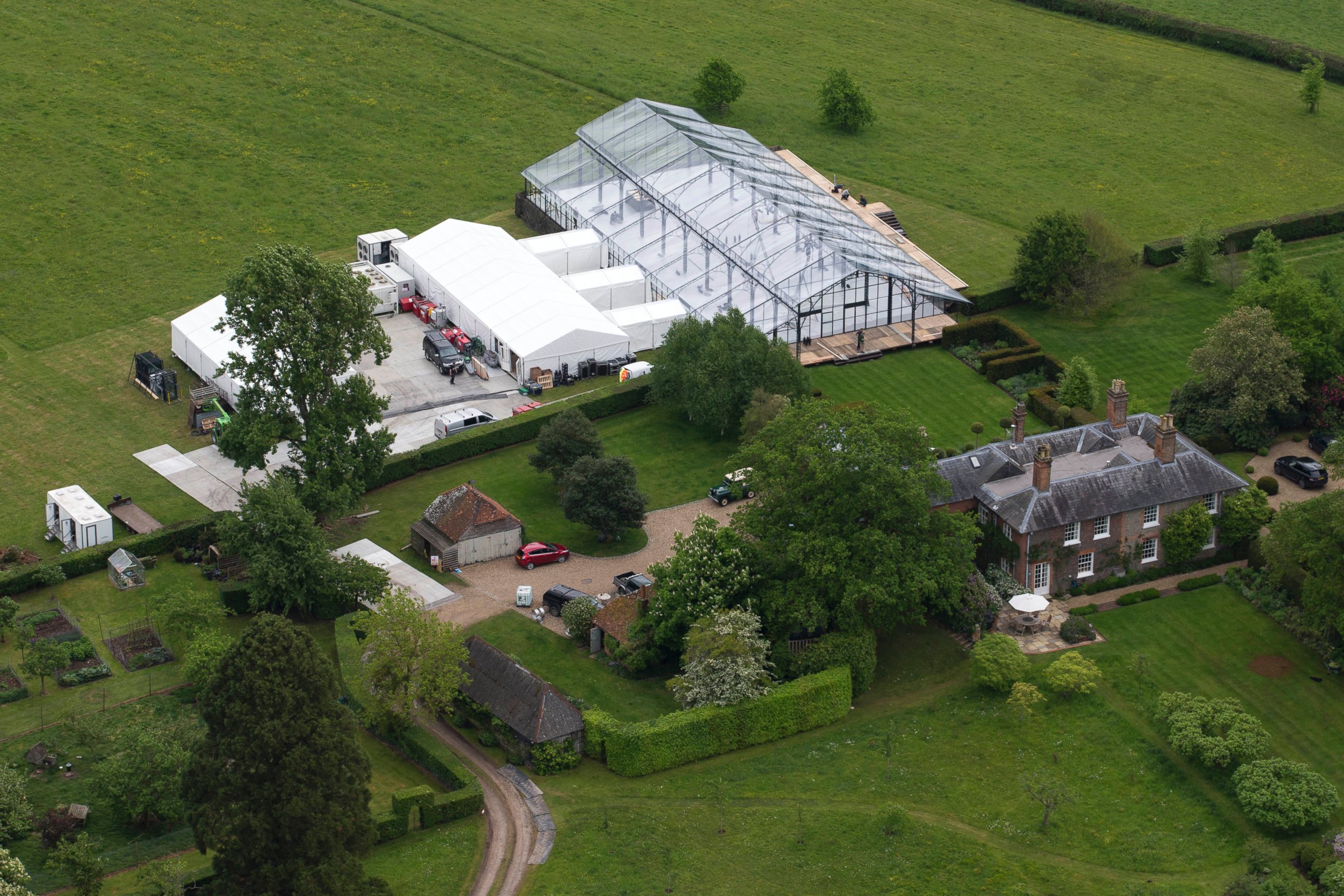 PHOTO: Aerials views of the Middleton family home in Bucklebury, UK where a gigantic conservatory-style marquee dominates the surrounding gardens. Preparations continue for the upcoming wedding of Pippa Middleton to James Matthews. 
