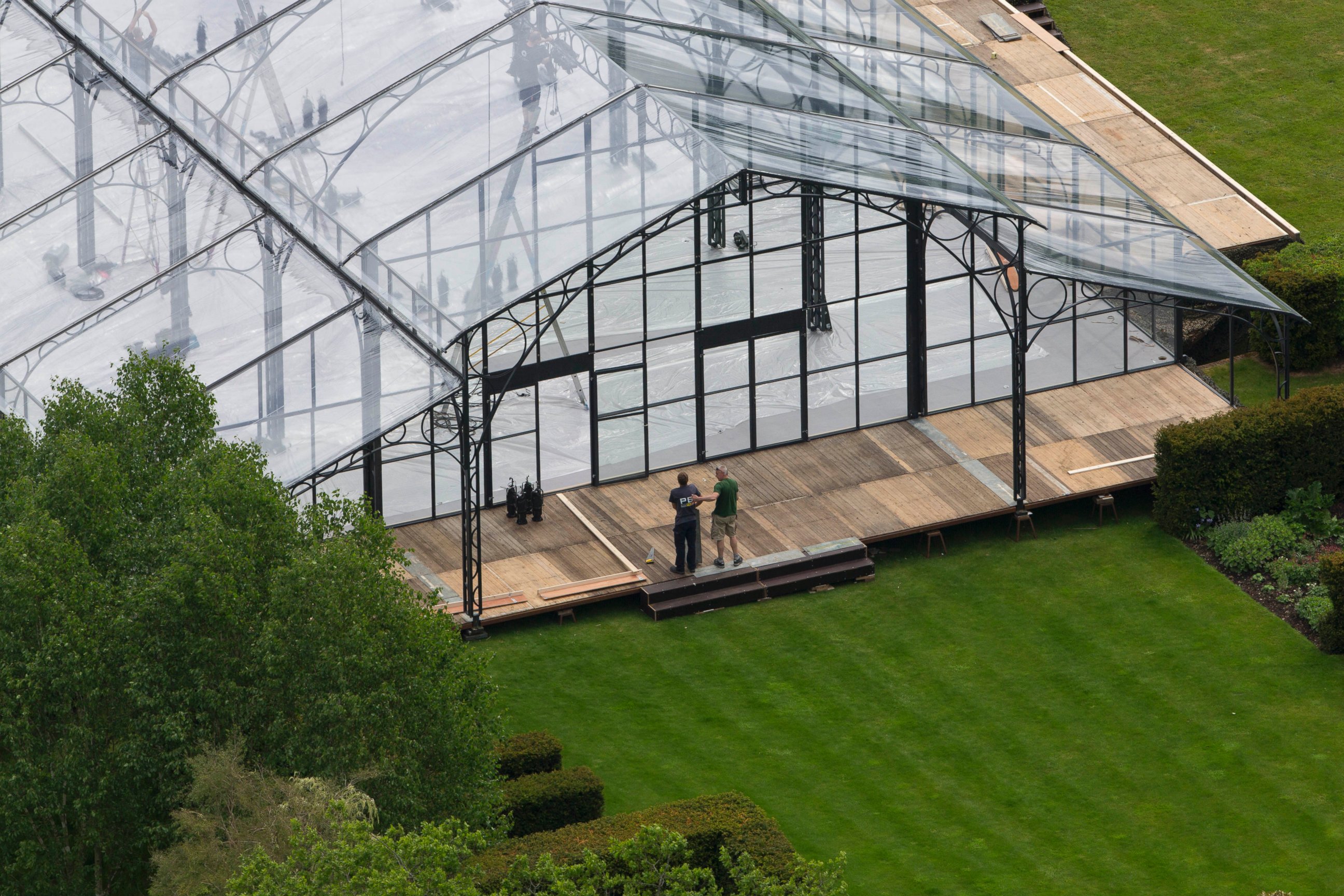 PHOTO: Aerials views of the Middleton family home in Bucklebury, UK where a gigantic conservatory-style marquee dominates the surrounding gardens. Preparations continue for the upcoming wedding of Pippa Middleton to James Matthews.