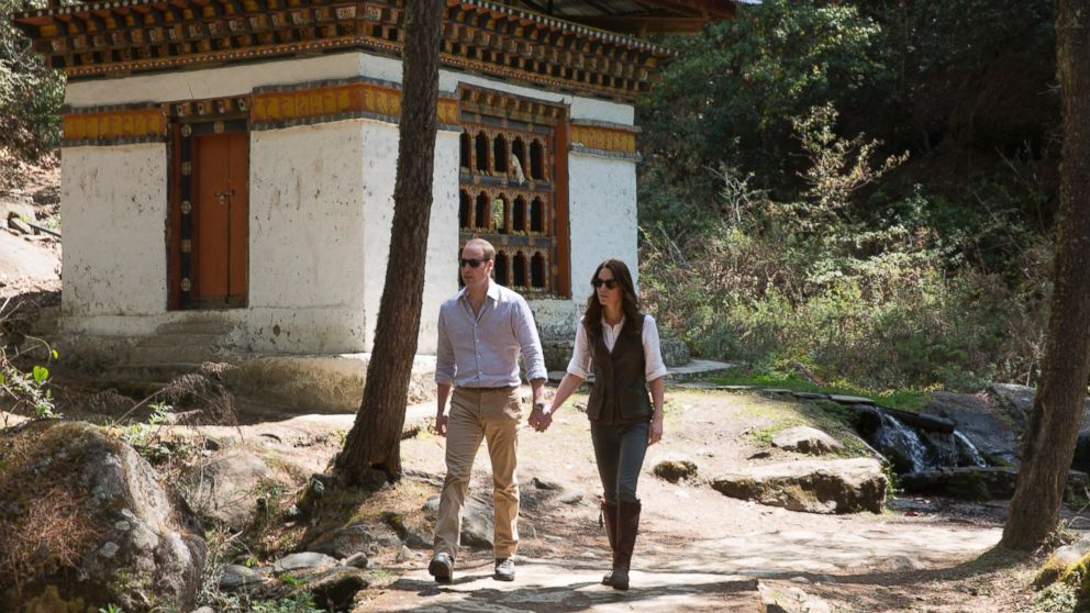 PHOTO: The Duke and Duchess of Cambridge, Prince William and Catherine, continued their tour of India and Bhutan. The couple set out for a hike and passed a prayer wheel on the way to the Tigers Nest in Paro Taktsang, Bhutan, April 15, 2016.