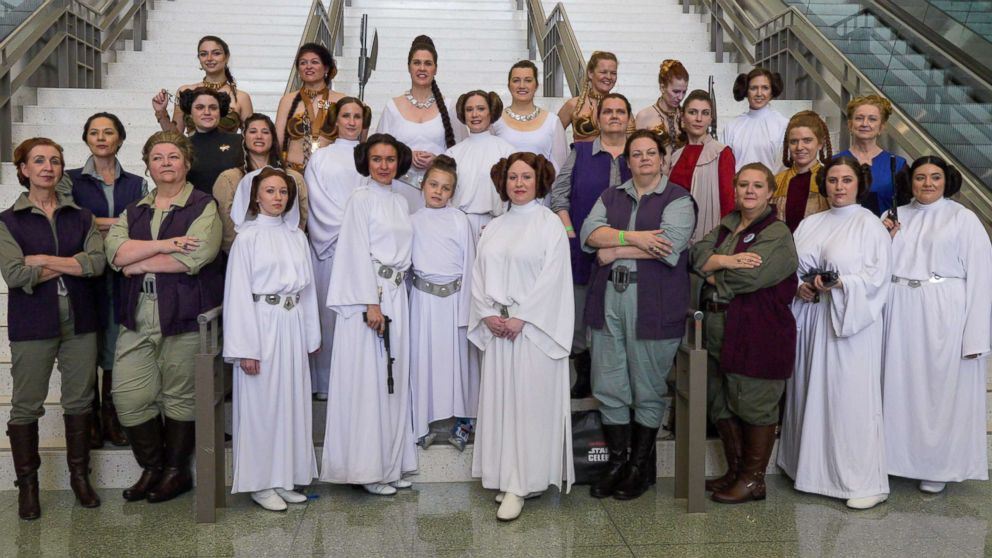 PHOTO: Leia Organa cosplayers pose for pictures at the 2017 Star Wars Celebration fan convention in Orlando.