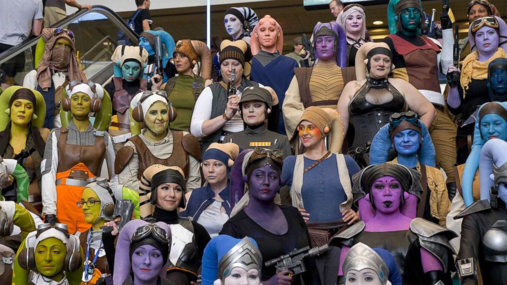 PHOTO: Women dressed as Star Wars species known as Twi'lek gather for a photo at Star Wars Celebration Orlando in 2017.