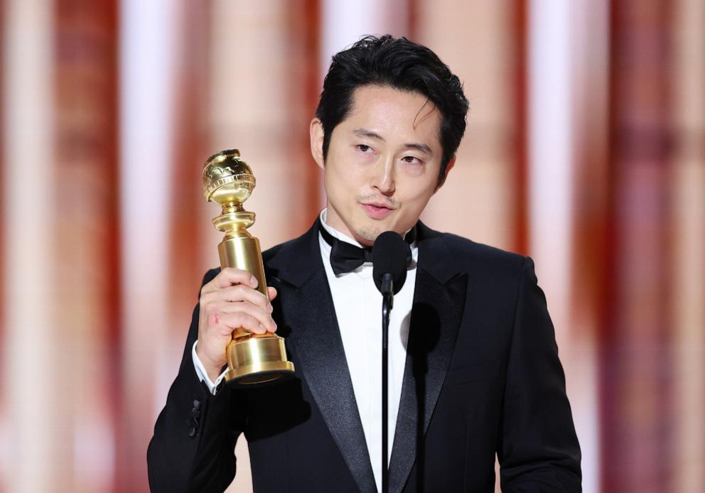 PHOTO: Steven Yeun accepts the award for Best Performance by a Male Actor in a Limited Series, Anthology Series, or a Motion Picture Made For Television for "Beef" at the 81st Golden Globe Awards, Jan.7, 2024 in Beverly Hills.