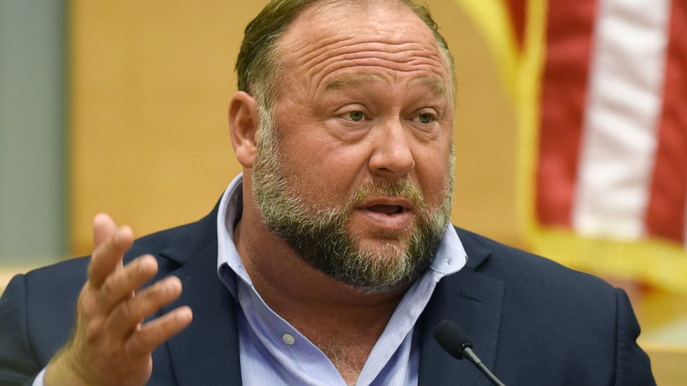 FILE - Conspiracy theorist Alex Jones takes the witness stand to testify at the Sandy Hook defamation damages trial at Connecticut Superior Court in Waterbury, Conn. Thursday, Sept. 22, 2022. On Friday, Oct. 21, Jones has asked a Connecticut judge to