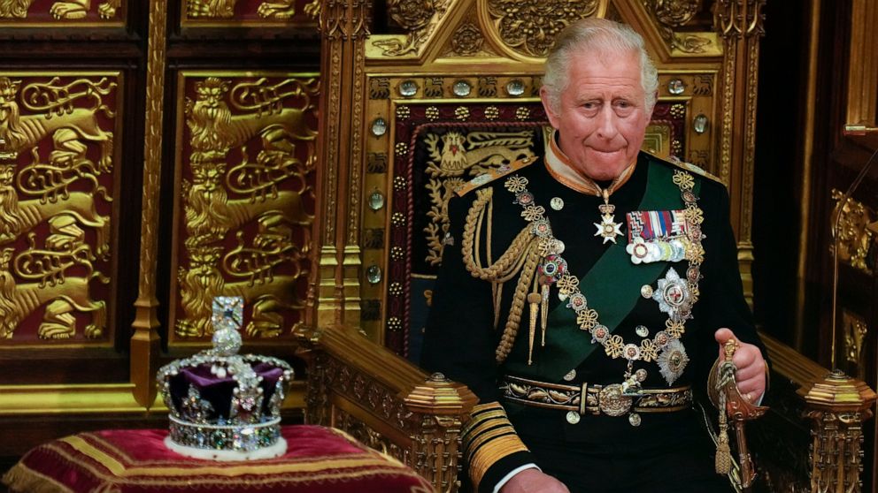 FILE - Prince Charles is seated next to the Queen's crown during the State Opening of Parliament, at the Palace of Westminster in London, May 10, 2022. Queen Elizabeth II did not attend the opening of Parliament amid ongoing mobility issues. Prince C