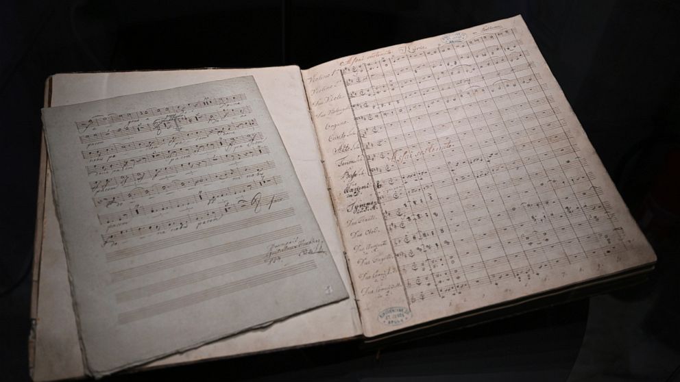 A Ludwig van Beethoven's music manuscript, is seen in the Moravian Museum's collection in Brno on Nov. 30 2022, in Brno, Slovakia. The autograph of the 4th movement of the string quartet in B-flat Major, op. 130, one of the highly valued late quartet
