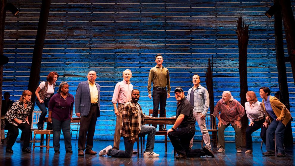 This image released by Polk & Co. shows the cast for the Tony Award winning musical "Come From Away," in New York. The show will close on Oct. 2 after a five-year run. (Matthew Murphy/Polk & Co. via AP)