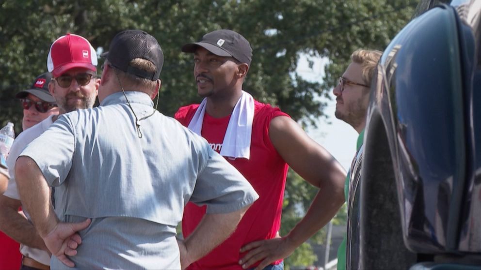 In this image taken from a video, actor Anthony Mackie, who portrays Captain America in an upcoming film, is seen in New Orleans on Monday, Sept. 12, 2022. Mackie grew up working in the family roofing business and is now teaming up with roofing compa