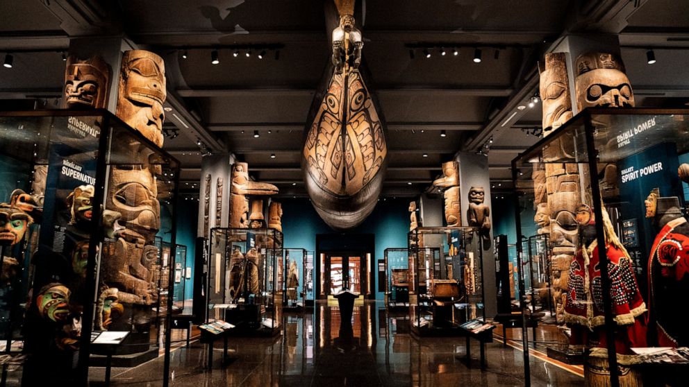 Artifacts, dioramas, and representations of Native American culture from the northwest coast of North America are displayed, Tuesday, May 10, 2022, at the American Museum of Natural History in New York. The oldest gallery at the American Museum of Na
