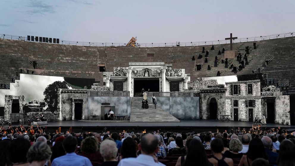 A view of the stage during 'Cavalleria Rusticana' lyric opera, at the Arena di Verona theatre, in Verona, Italy, Friday, June 25, 2021. The Verona Arena amphitheater returns to staging full operas for the first time since the pandemic struck but with