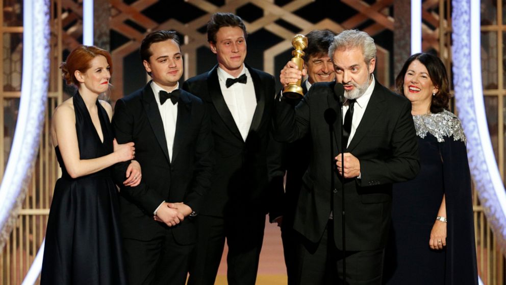 This image released by NBC shows filmmaker Sam Mendes accepting the award for best motion picture drama for "1917" at the 77th Annual Golden Globe Awards at the Beverly Hilton Hotel in Beverly Hills, Calif., on Sunday, Jan. 5, 2020. (Paul Drinkwater/