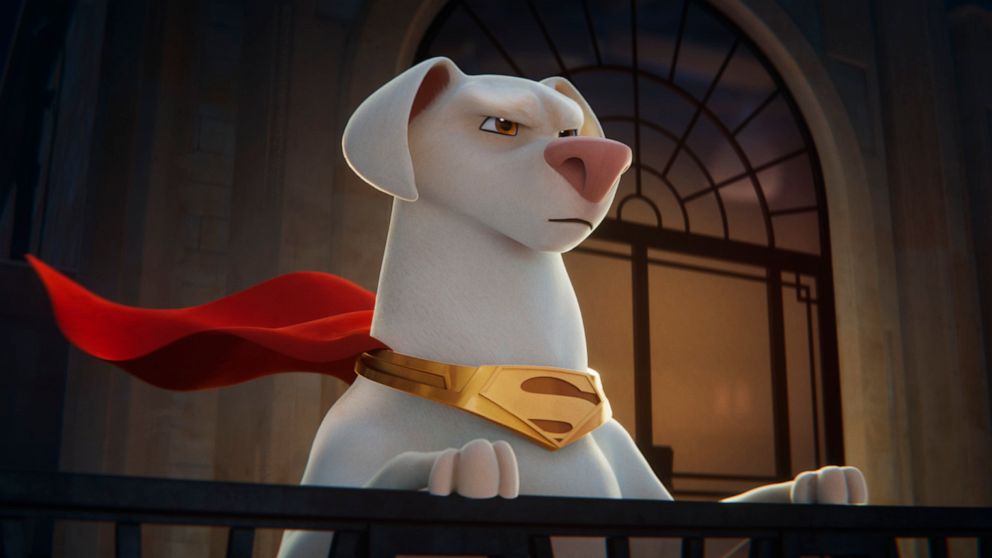 This image released by Warner Bros Pictures shows Krypto, voiced by Dwayne Johnson, in a scene from "DC League of Super Pets." (Warner Bros. Pictures via AP)