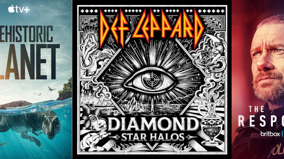 This combination of photos shows promotional art for "Prehistoric Planet," a series on Apple TV+, left, "Diamond Star Halos,” Def Leppard's 12th studio album, center, and "The Responder," a series on Britbox. (Apple TV+/UMe/Britbox via AP)