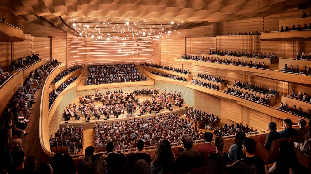 This artist rendering released by the New York Philharmonic shows the new design of the interior of Geffen Hall, part of a $550 million renovation project slated to be complete by March 2024. (New York Philharmonic via AP)