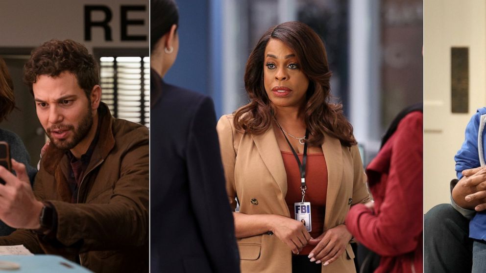 This combination of photos shows Marcia Gay Harden, left, and Skylar Astin in a scene from the new CBS series "So Help Me Todd," from left, Niecy Nash-Betts who will star in the new ABC spinoff series "The Rookie: Feds," and Brice Gonzalez with Georg