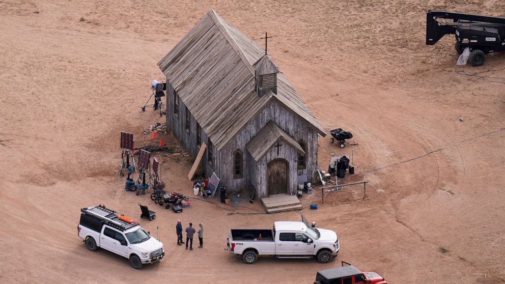 FILE - This aerial photo shows part of the Bonanza Creek Ranch film set in Santa Fe, N.M., on Saturday, Oct. 23, 2021, where cinematographer Halyna Hutchins died from a gun fired by actor Alec Baldwin. The family of a cinematographer shot and killed 