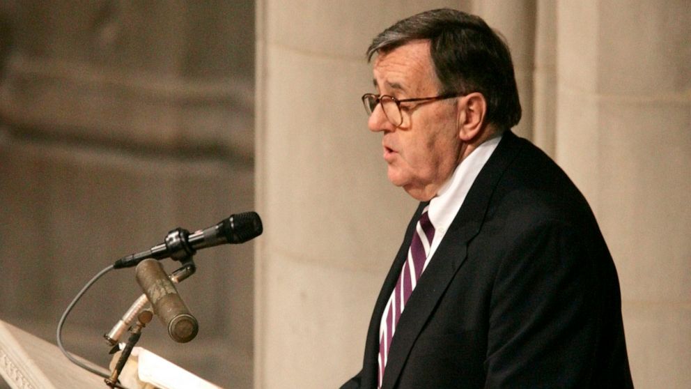 FILE - Mark Shields, a syndicated columnist and political analyst, speaks during a memorial service for the late U.S. Sen. William Proxmire, Saturday, April 1, 2006, at the National Cathedral in Washington. Shields, who shared his insight into Americ
