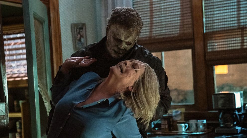 This image released by Universal Pictures shows Jamie Lee Curtis in a scene from "Halloween Ends." (Ryan Green/Universal Pictures via AP)
