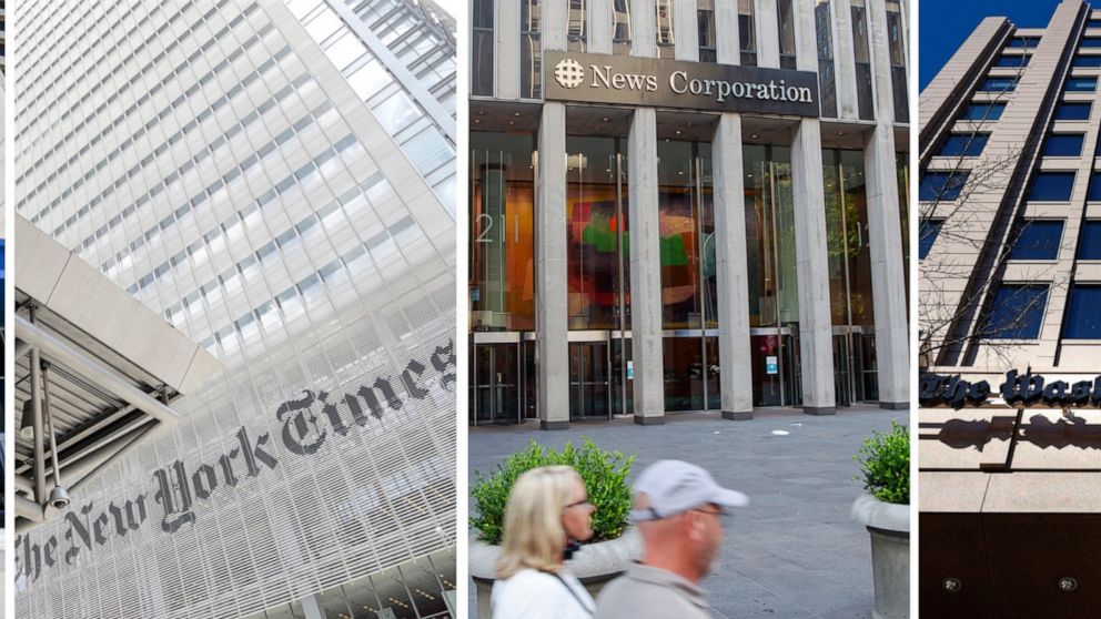 Exterior images, from left, appear of CNN headquarters on Aug. 26, 2014, in Atlanta, the New York Times building on June 22, 2019, in New York, News Corporation headquarters with Fox News studios on July 31, 2021, in New York and The One Franklin Squ