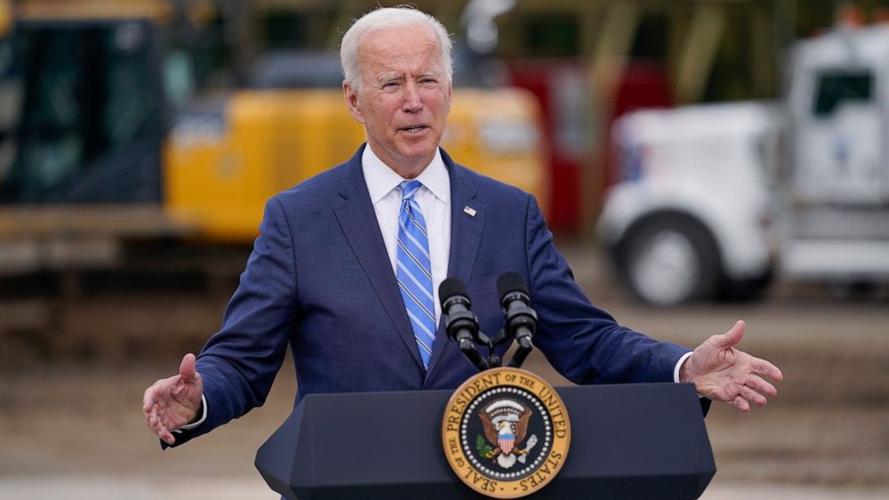 President Joe Biden delivers remarks on his "Build Back Better" agenda during a visit to the International Union Of Operating Engineers Local 324, Tuesday, Oct. 5, 2021, in Howell, Mich. (AP Photo/Evan Vucci)