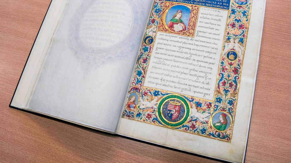 A unique 15th century ornamented manuscript on parchment is seen in a library in Torun, Poland, on Monday, Feb. 14, 2022. Local authorities and officials in central Poland are protesting government plans to offer Hungary a unique 15th century ornamen