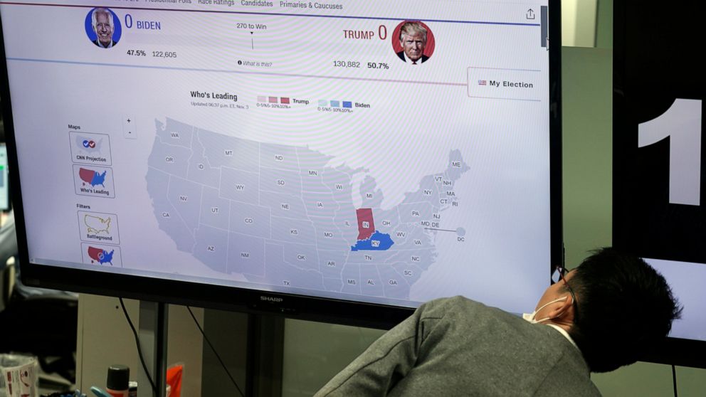 A screen shows a news program website on the U.S. elections as a traders of a foreign exchange dealing company looks on Wednesday, Nov. 4, 2020, in Tokyo. (AP Photo/Eugene Hoshiko)