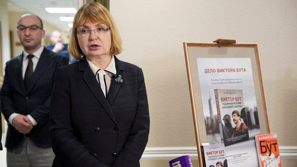 Viktor Bout's wife, Alla, speaks to journalists during an opening of exhibition of artworks by her husband, Russian businessman Viktor Bout, who was sentenced to 25 years in the United States, at the Federation Council of the Federal Assembly of the 