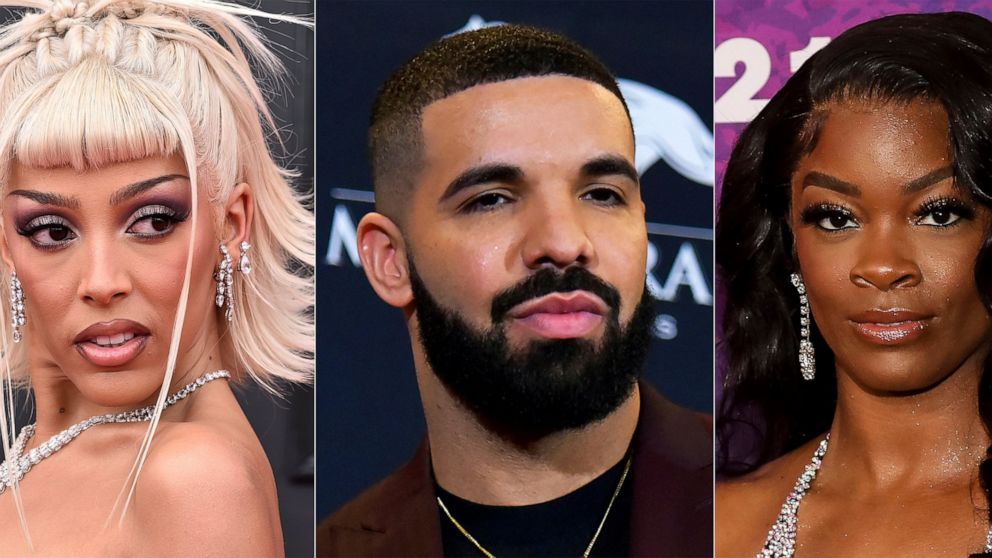 Doja Cat appears at the 64th Annual Grammy Awards in Las Vegas on April 3, 2022, from left, Drake appears at the Billboard Music Awards in Las Vegas on May 1, 2019, and Ari Lennox appears at the 2021 Soul Train Awards in New York on Nov. 20, 2021. Do