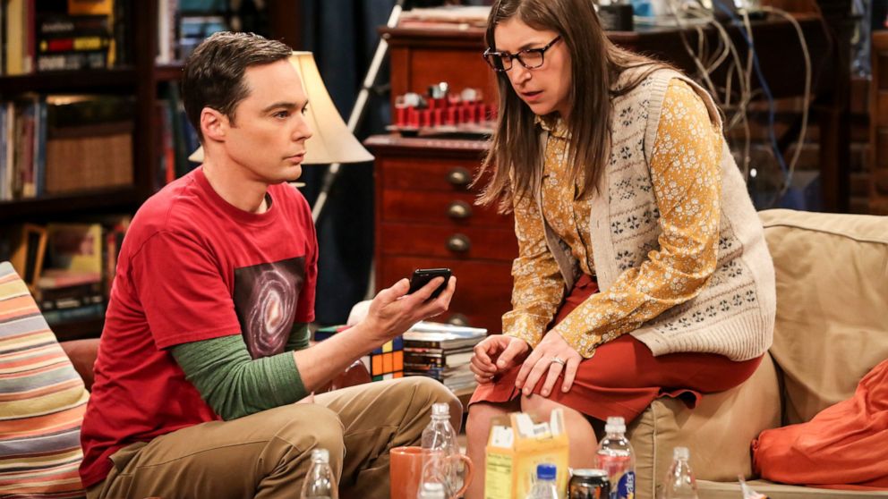 This image released by CBS shows Jim Parsons, left, and Mayim Bialik in a scene from the series finale of "The Big Bang Theory," airing on Thursday. (Michael Yarish/CBS via AP)