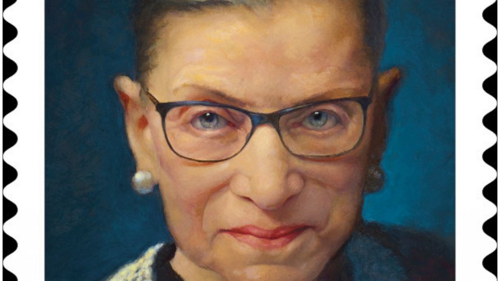 This image provided by the U.S. Postal Service shows the late Supreme Court Justice Ruth Bader Ginsburg. The U.S. Postal Service is honoring her as “an icon of American culture” with a stamp in the new year, seen in this rendering released by the age