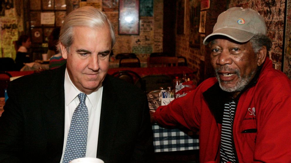 FILE - Actor Morgan Freeman, right, and his business partner Bill Luckett are shown during an interview at Ground Zero Blues Club in Clarksdale, Miss., Oct. 11, 2009. Bill Luckett was an attorney, small-town mayor, candidate for governor, blues promo
