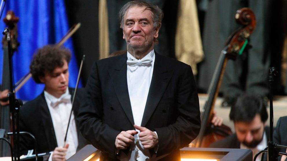FILE - In this Wednesday, May 1, 2013 photo, Valery Gergiev, looks on after a "pre-premiere" performance, put on for veterans and senior employees of the theatre in the new Mariinsky Theatre on the eve of the it's official opening in St.Petersburg, R