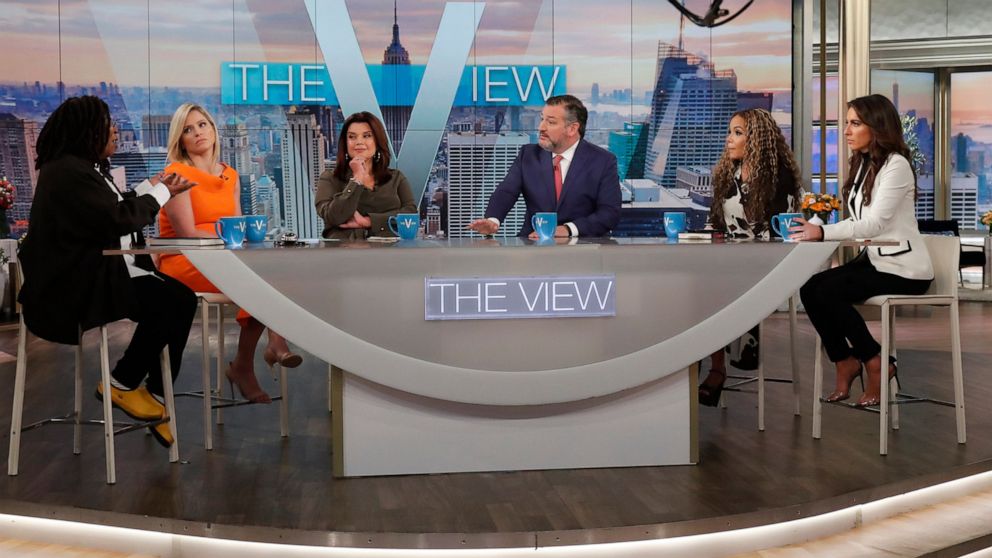 This image released by ABC shows Sen. Ted Cruz, R-Texas, center right, with co-hosts, from left, Whoopi Goldberg, Sara Haines, Ana Navarro, Sunny Hostin and Alyssa Farah Griffin during an appearance on the daytime talk show "The View" in New York on 