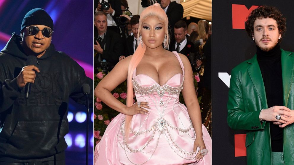 This combination of photos show LL Cool J hosting the iHeartRadio Music Awards in Los Angeles on March 22, 2022, left, Nicki Minaj at The Metropolitan Museum of Art's Costume Institute benefit gala in New York on May 6, 2019, center, and Jack Harlow 