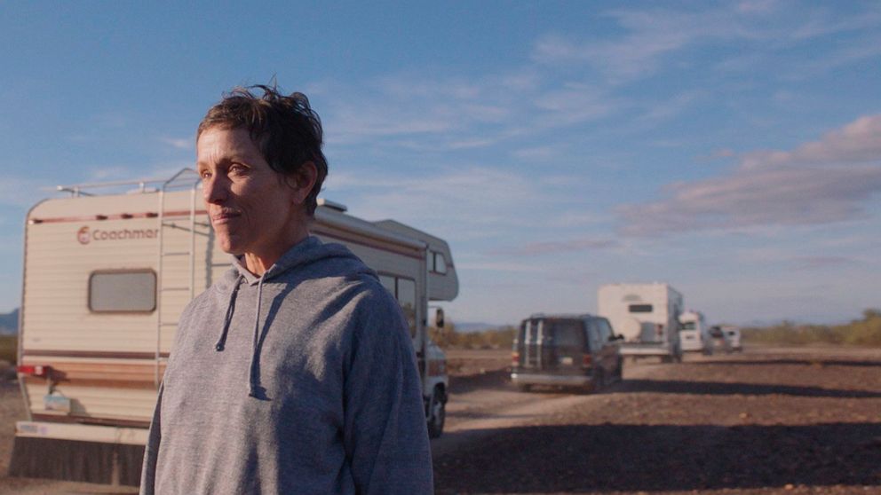 This image released by Searchlight Pictures shows Frances McDormand in a scene from the film "Nomadland." Chloe Zhao’s film received seven British Film Academy Awards nominations on Tuesday. (Searchlight Pictures via AP)