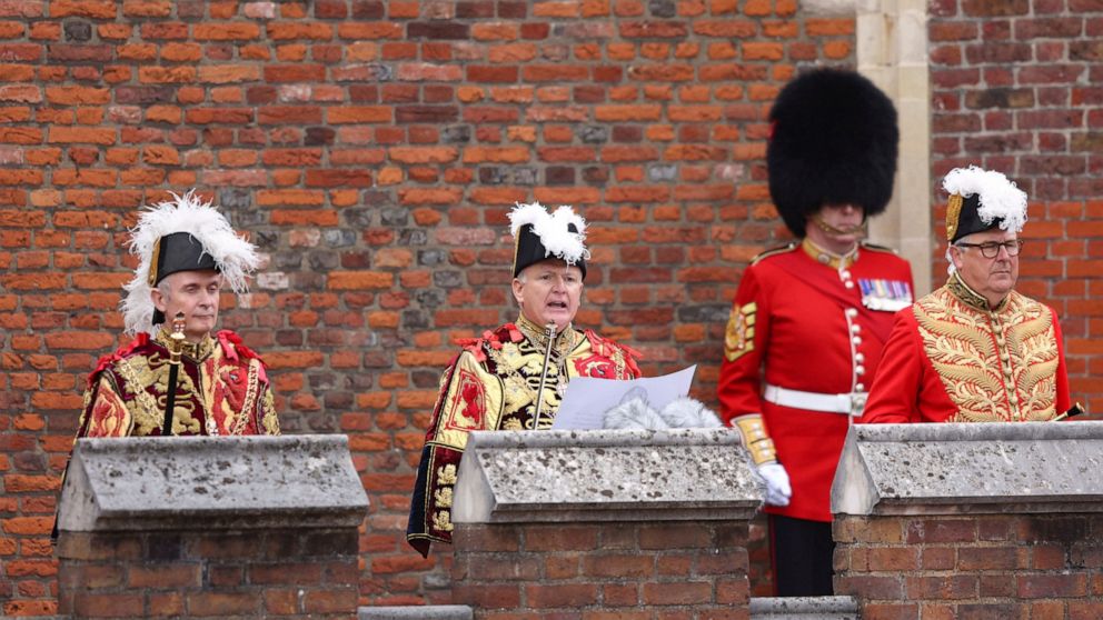 Garter Principle King of Arms, David Vines White, center, reads the proclamation of new King, King Charles III, from the Friary Court balcony of St James's Palace, London, Saturday Sept. 10, 2022, after King Charles III was formally proclaimed monarc