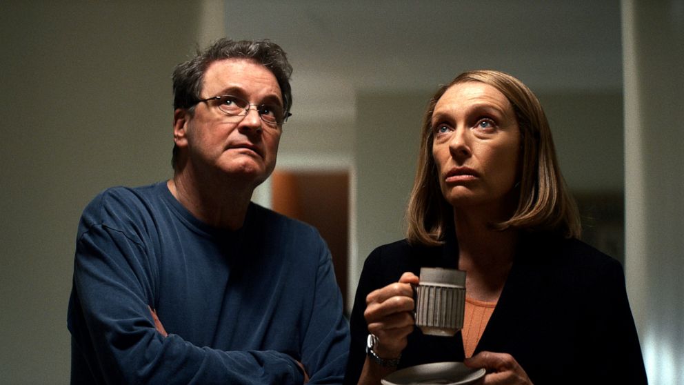 This image released by HBO Max shows Colin Firth, left, and Toni Collette in a scene from the series "The Staircase." (HBO Max via AP)