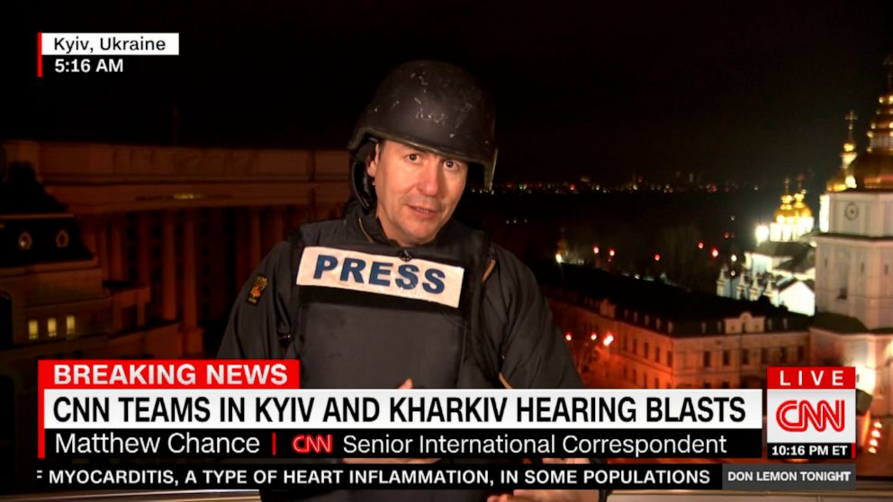 This image taken from video shows CNN International Correspondent Matthew Chance reporting from Kyiv, Ukraine early Thursday, Feb. 24, 2022, as Russia launched a full-scale invasion of Ukraine. (CNN via AP)