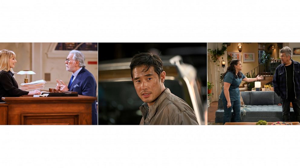 These images released by NBC shows, from left, Melissa Rauch and John Larroquette in a scene from "Night Court," Raymond Lee in a scene from the pilot episode of "Quantum Leap," and Mayan Lopez and George Lopez in a scene from "Lopez vs Lopez." The t