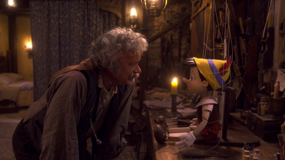 This image released by Disney shows Tom Hanks as Geppetto in Disney's live-action film "Pinocchio." (Disney via AP)